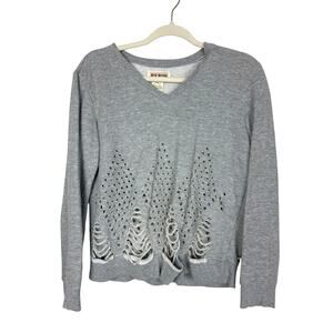 Pepin Womens XS Gray Distressed Boho Cutout V Neck Long Sleeve Sweatshirt
